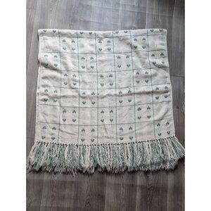 Handwoven Cotton Blanket With Green Heart Pattern & Fringe